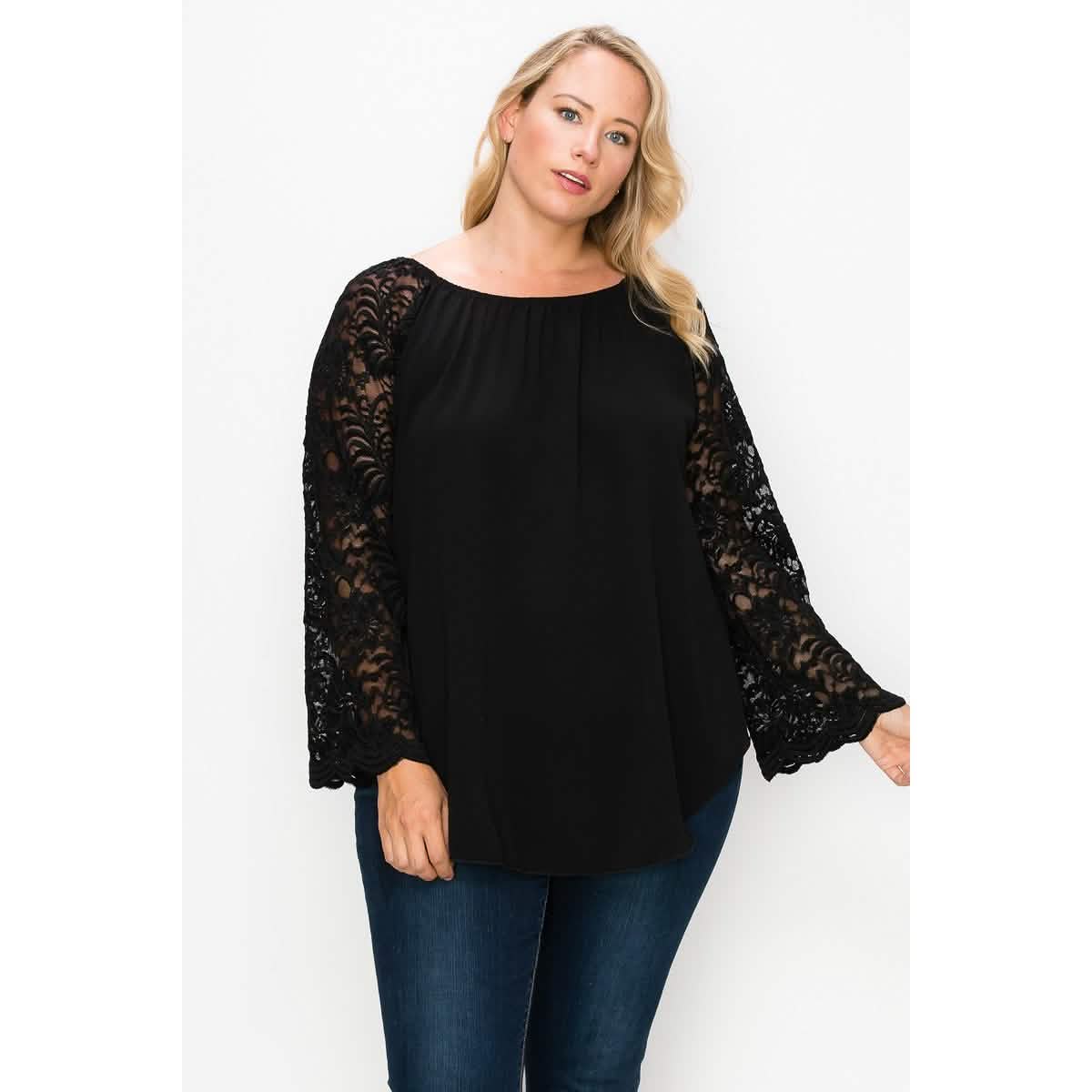 Solid Top Featuring Flattering Lace Bell Sleeves Women's Tops Black XL - DailySale