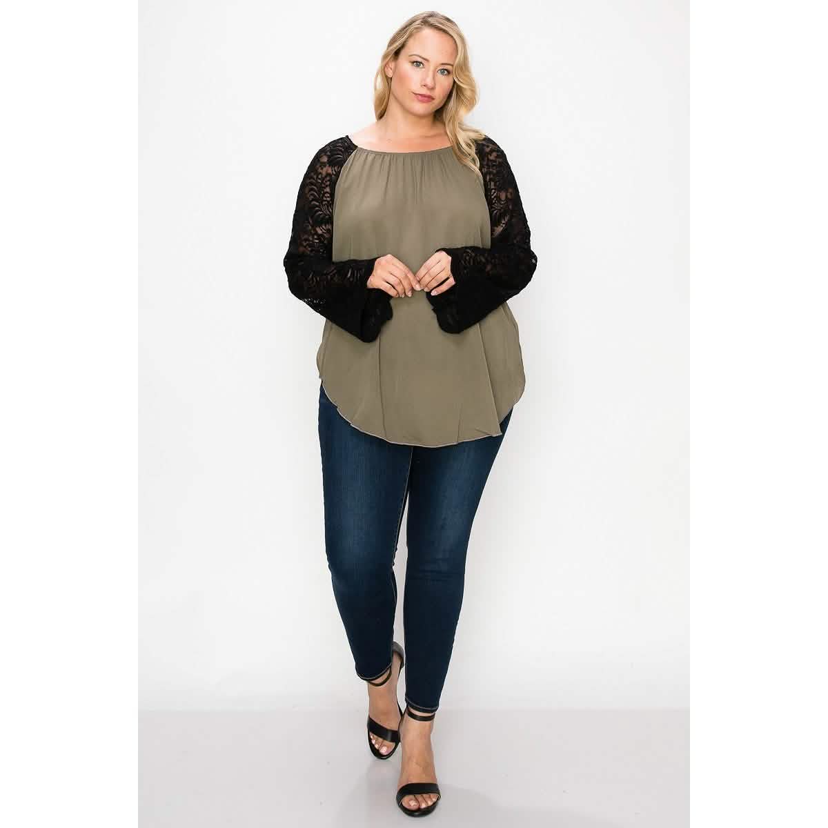 Solid Top Featuring Flattering Lace Bell Sleeves Women's Tops - DailySale