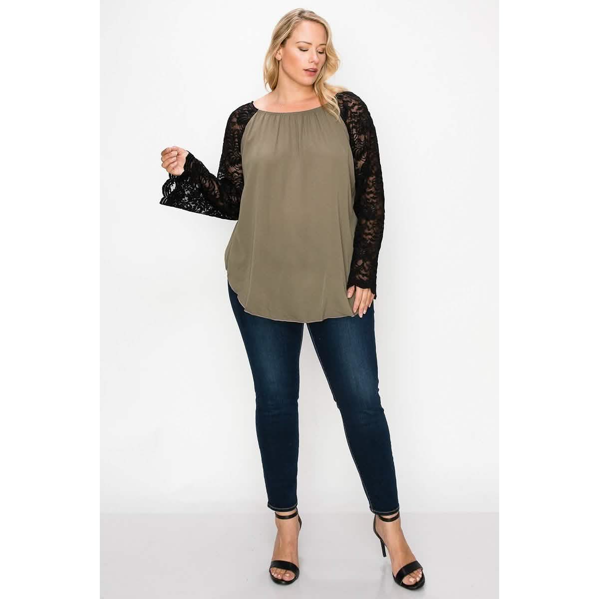 Solid Top Featuring Flattering Lace Bell Sleeves Women's Tops - DailySale