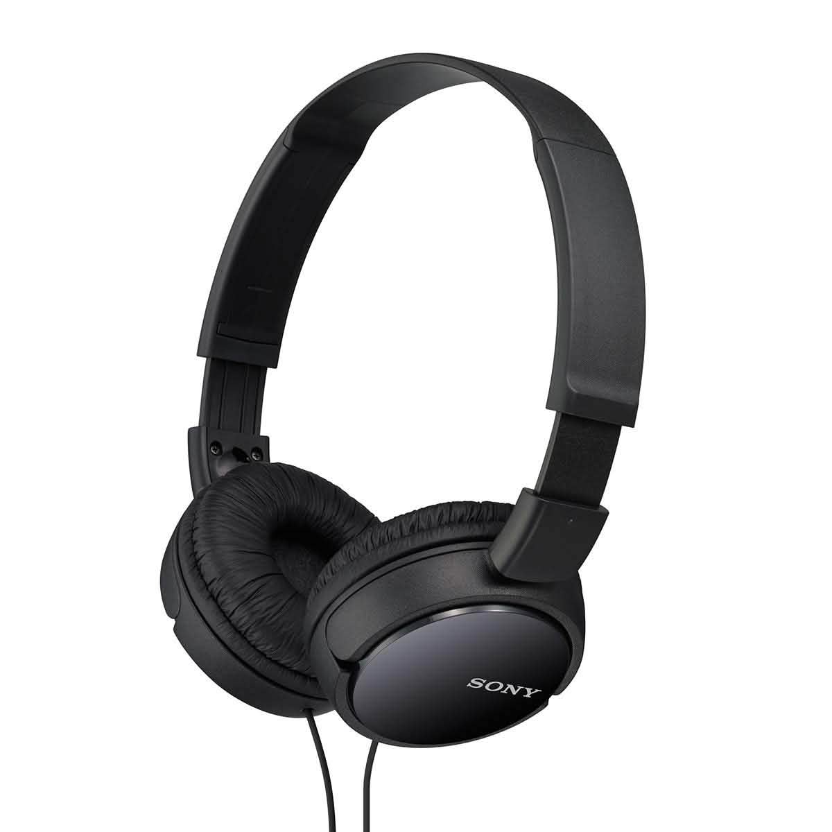 Black set of Sony MDRZX110 Stereo Headphones over a white background