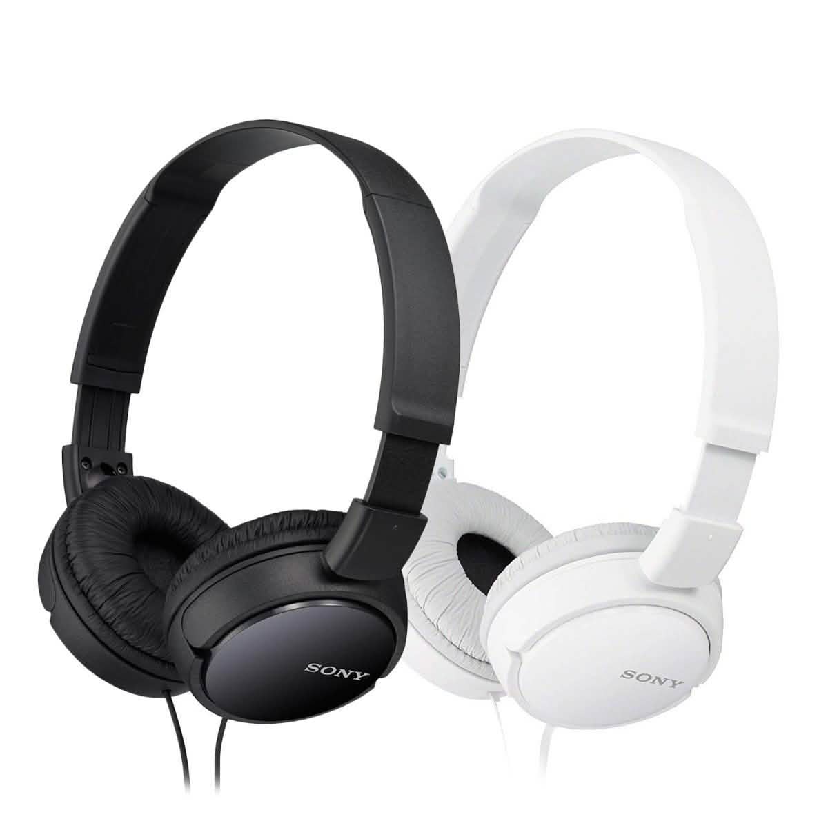 Two sets of Sony MDRZX110 Stereo Headphones, one black, one white, over a white background