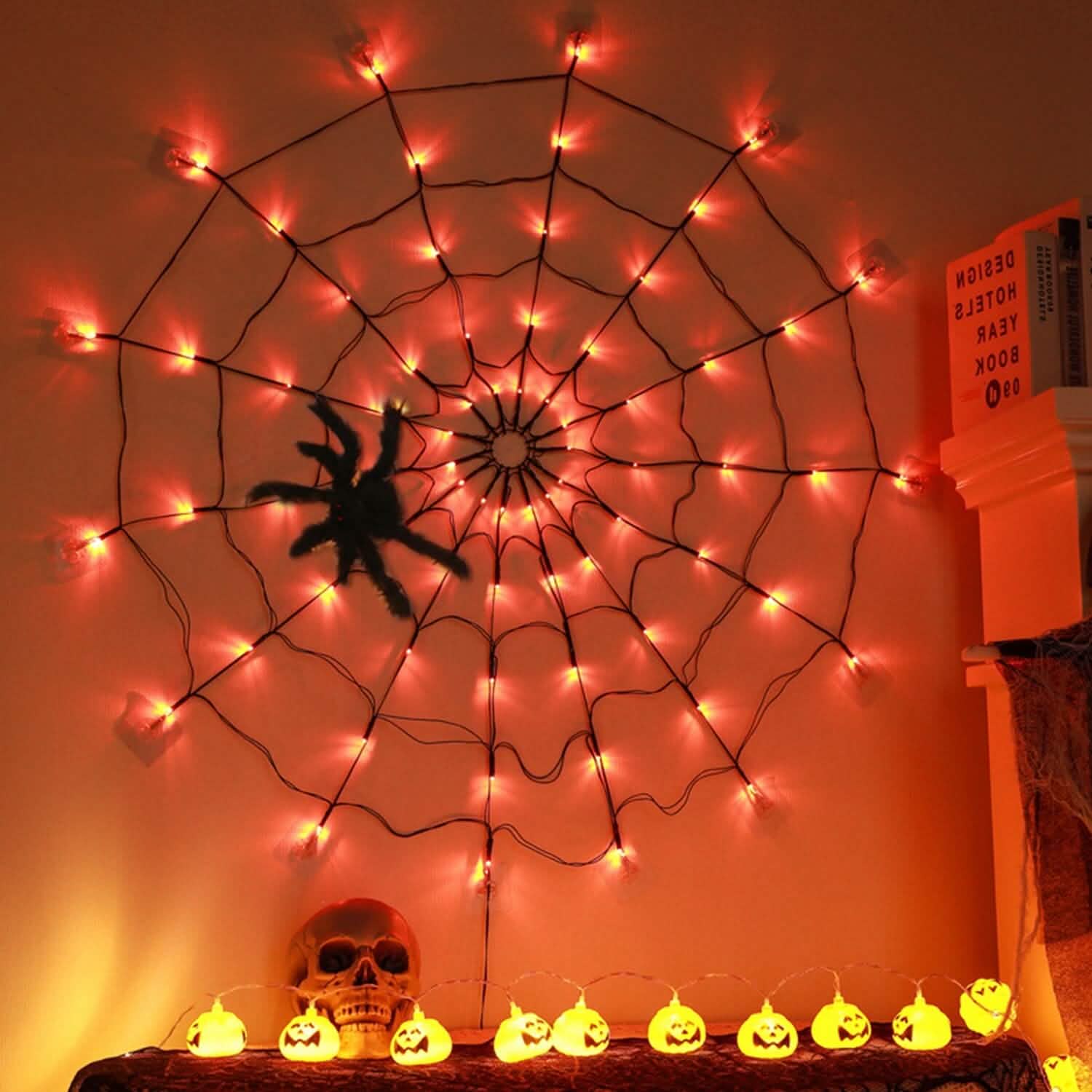 Spider Web Light with Hairy Spider 70LED Battery Powered Remote Control 8 Lighting Modes Holiday Decor & Apparel - DailySale