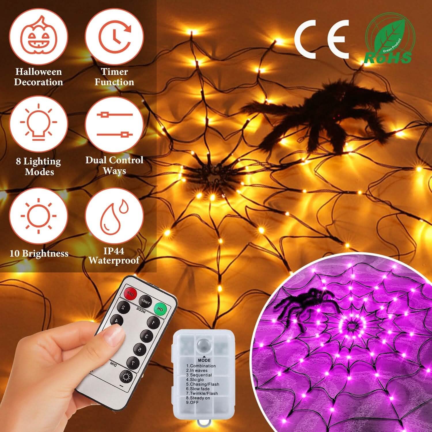 Spider Web Light with Hairy Spider 70LED Battery Powered Remote Control 8 Lighting Modes Holiday Decor & Apparel - DailySale