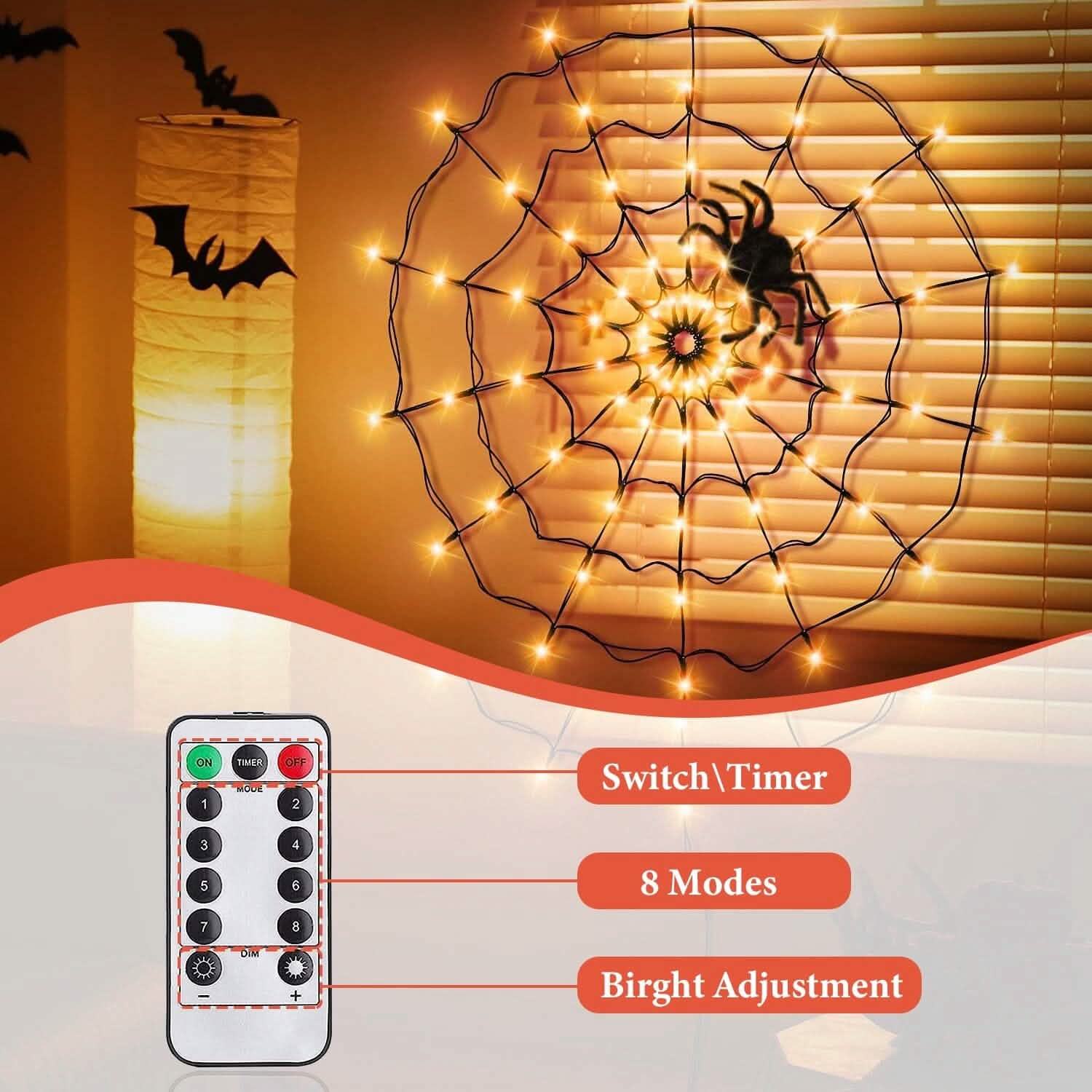Spider Web Light with Hairy Spider 70LED Battery Powered Remote Control 8 Lighting Modes Holiday Decor & Apparel - DailySale