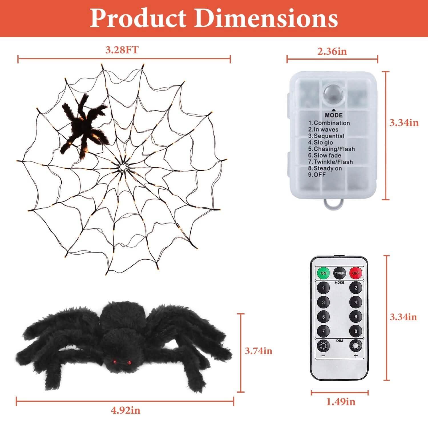 Spider Web Light with Hairy Spider 70LED Battery Powered Remote Control 8 Lighting Modes Holiday Decor & Apparel - DailySale