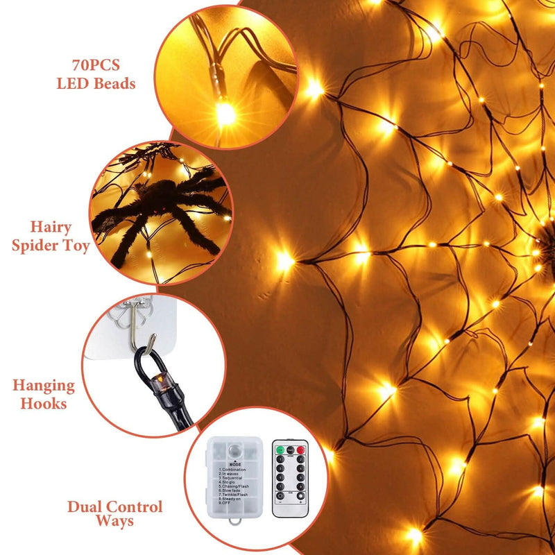 Spider Web Light with Hairy Spider 70LED Battery Powered Remote Control 8 Lighting Modes Holiday Decor & Apparel - DailySale