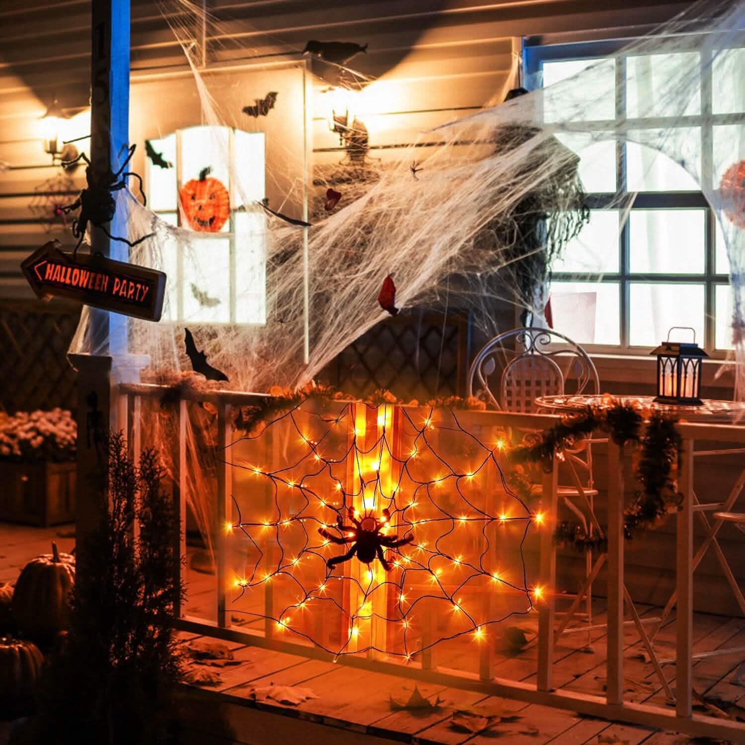 Spider Web Light with Hairy Spider 70LED Battery Powered Remote Control 8 Lighting Modes Holiday Decor & Apparel - DailySale