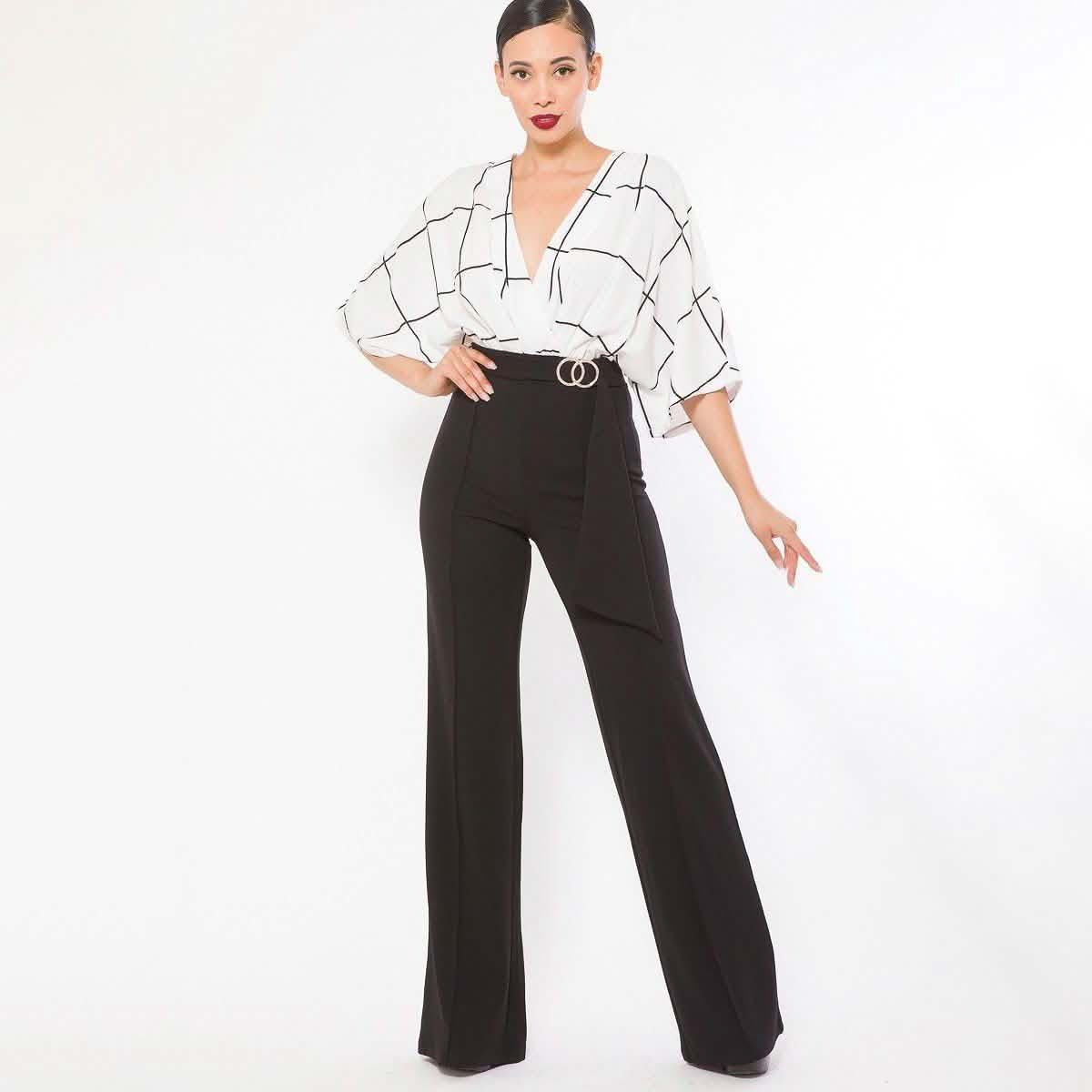 Square Print Woven Top Detailed Fashion Jumpsuit Women's Tops S - DailySale