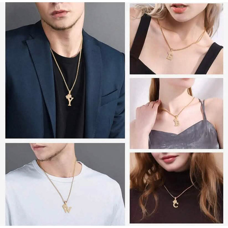 Stainless Steel Gold Overlay Hip Hop Crown A-Z Letters Necklace for Men and Women Necklaces - DailySale