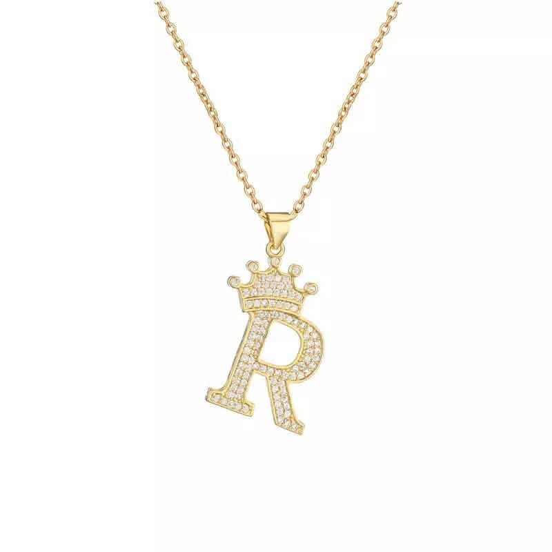 Stainless Steel Gold Overlay Hip Hop Crown A-Z Letters Necklace for Men and Women Necklaces R - DailySale