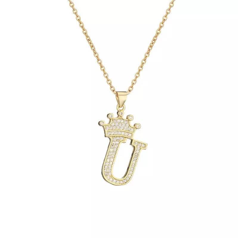 Stainless Steel Gold Overlay Hip Hop Crown A-Z Letters Necklace for Men and Women Necklaces U - DailySale