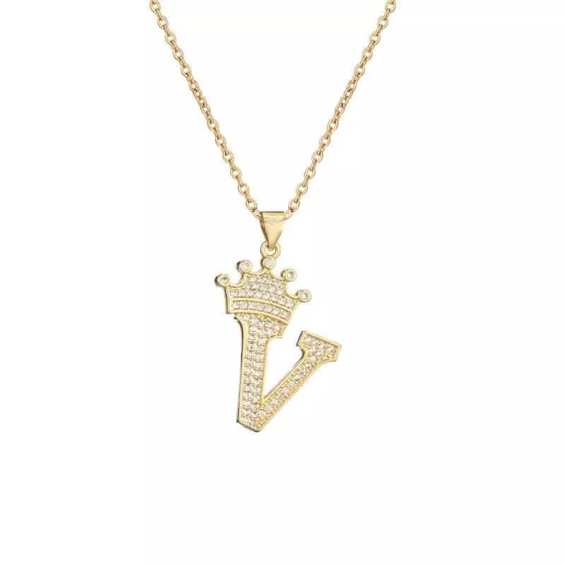 Stainless Steel Gold Overlay Hip Hop Crown A-Z Letters Necklace for Men and Women Necklaces V - DailySale