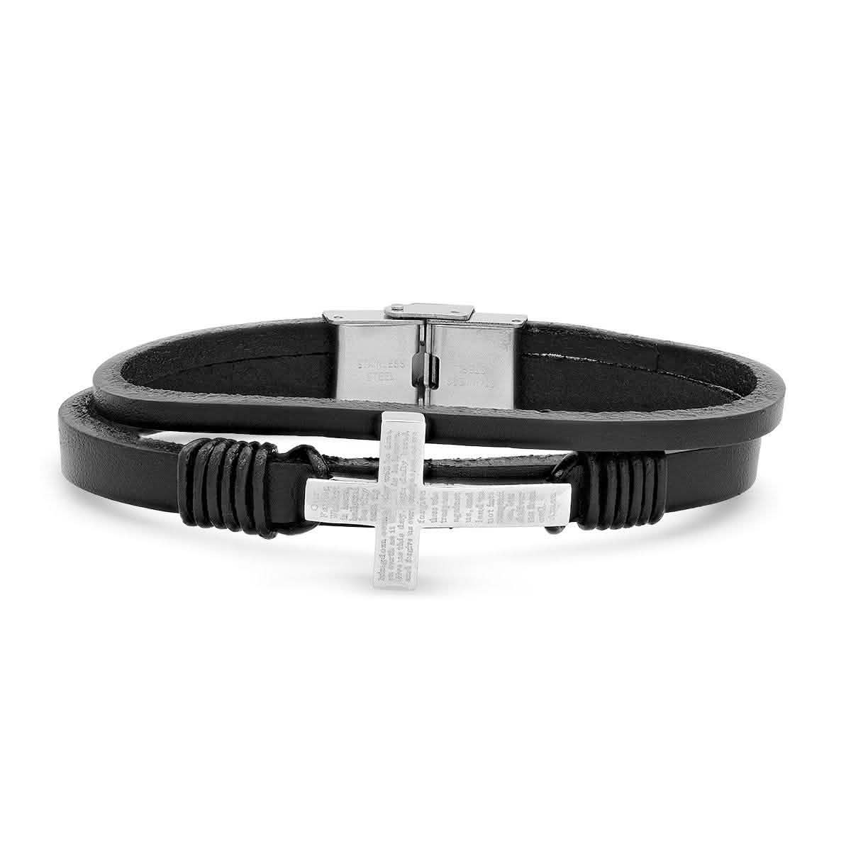 Stainless Steel Our Father Prayer Leather Bracelet and Dog Tag Pendant Bracelets - DailySale