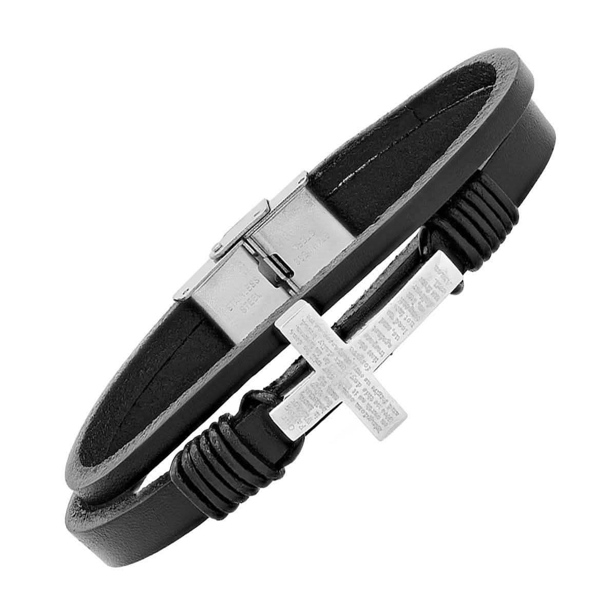 Stainless Steel Our Father Prayer Leather Bracelet and Dog Tag Pendant Bracelets - DailySale