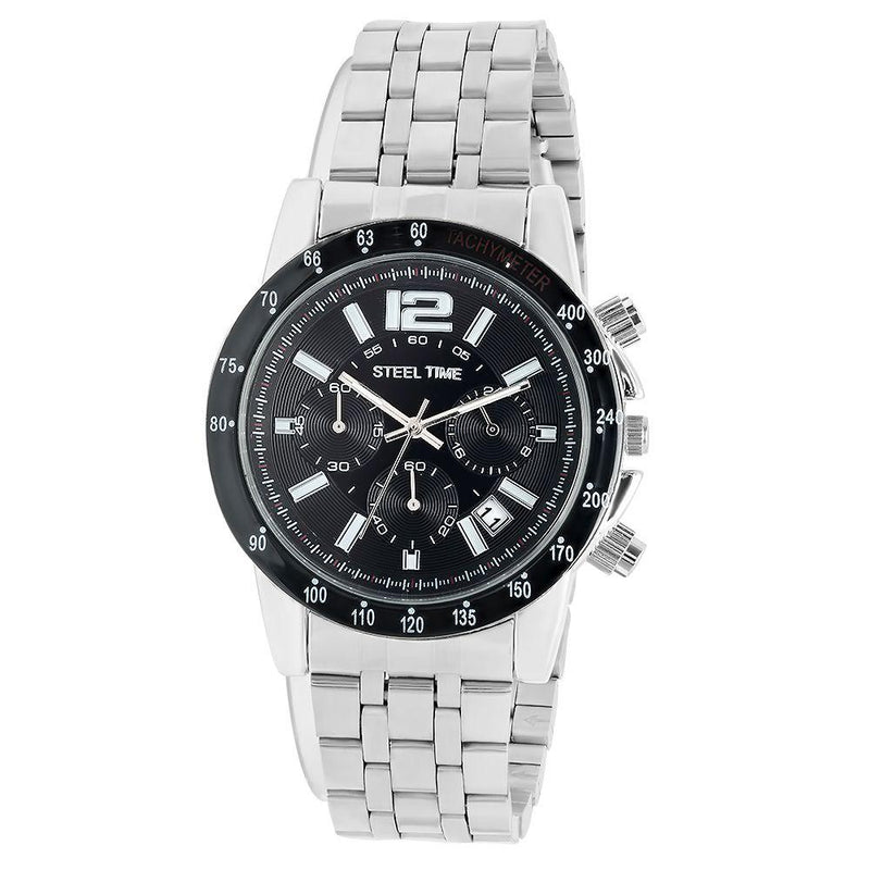 Front view of a black SteelTime Men's Stainless Steel Watch