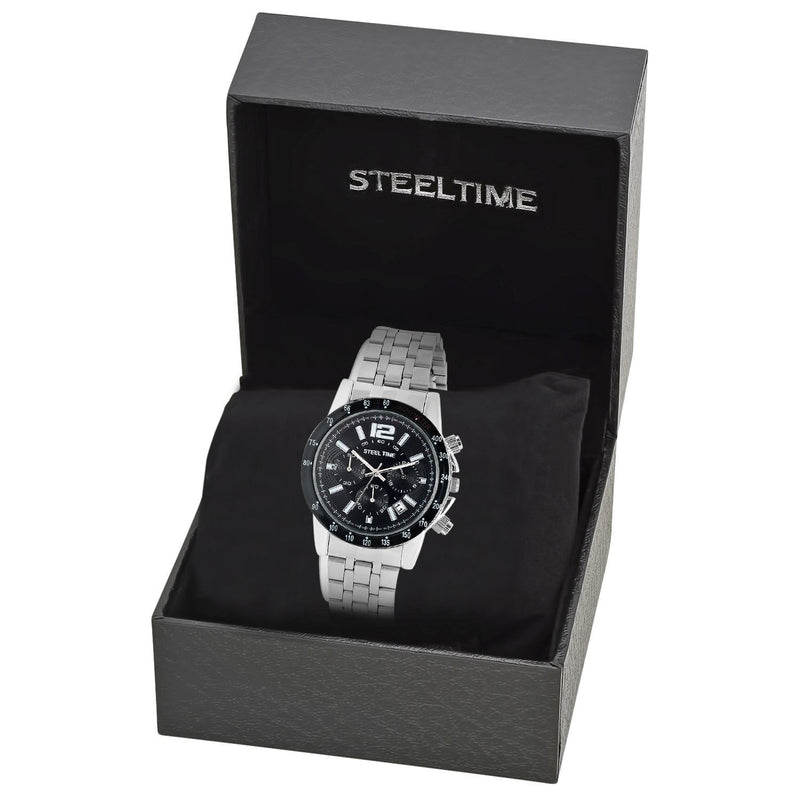 3/4 front view of a black SteelTime Men's Stainless Steel Watch displayed in its box