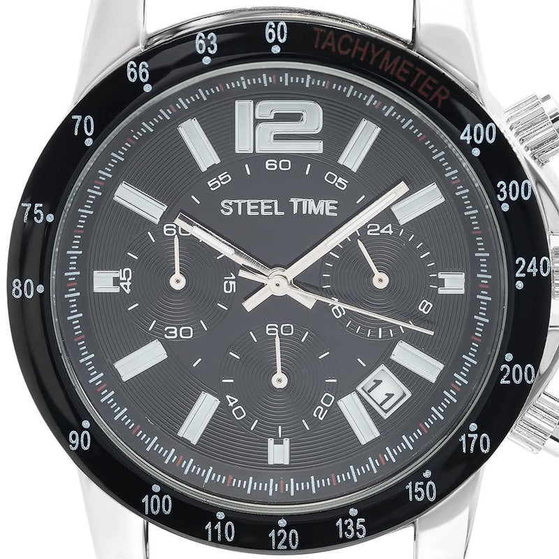 Closeup of a black SteelTime Men's Stainless Steel Watch
