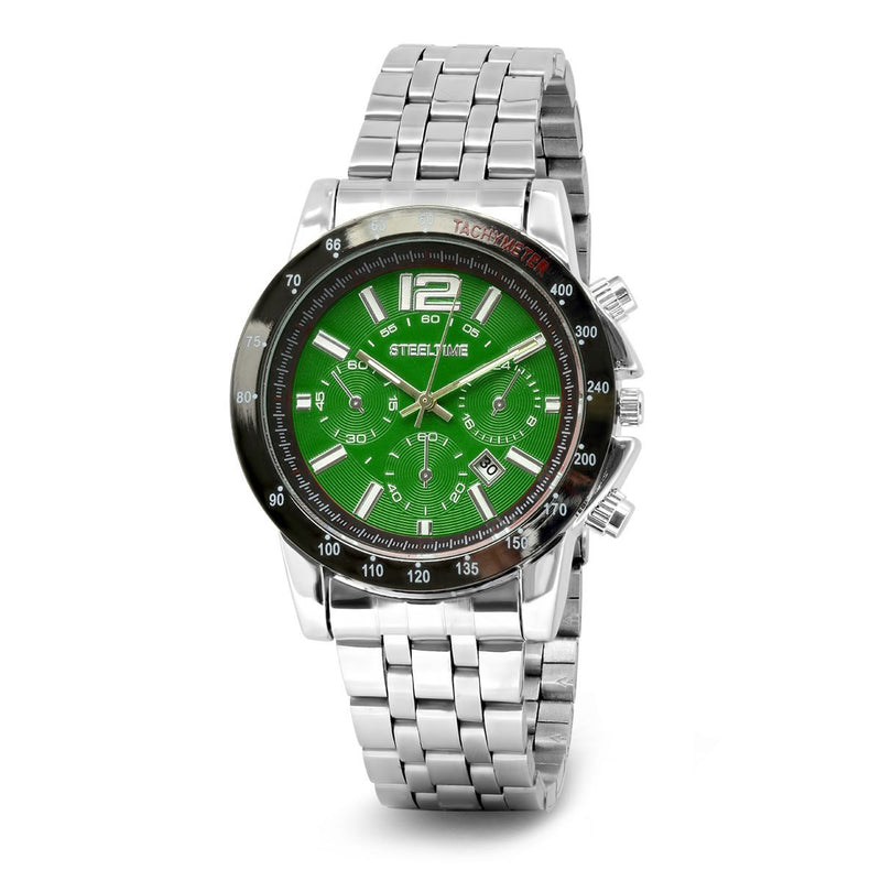 Front view of a greeen SteelTime Men's Stainless Steel Watch