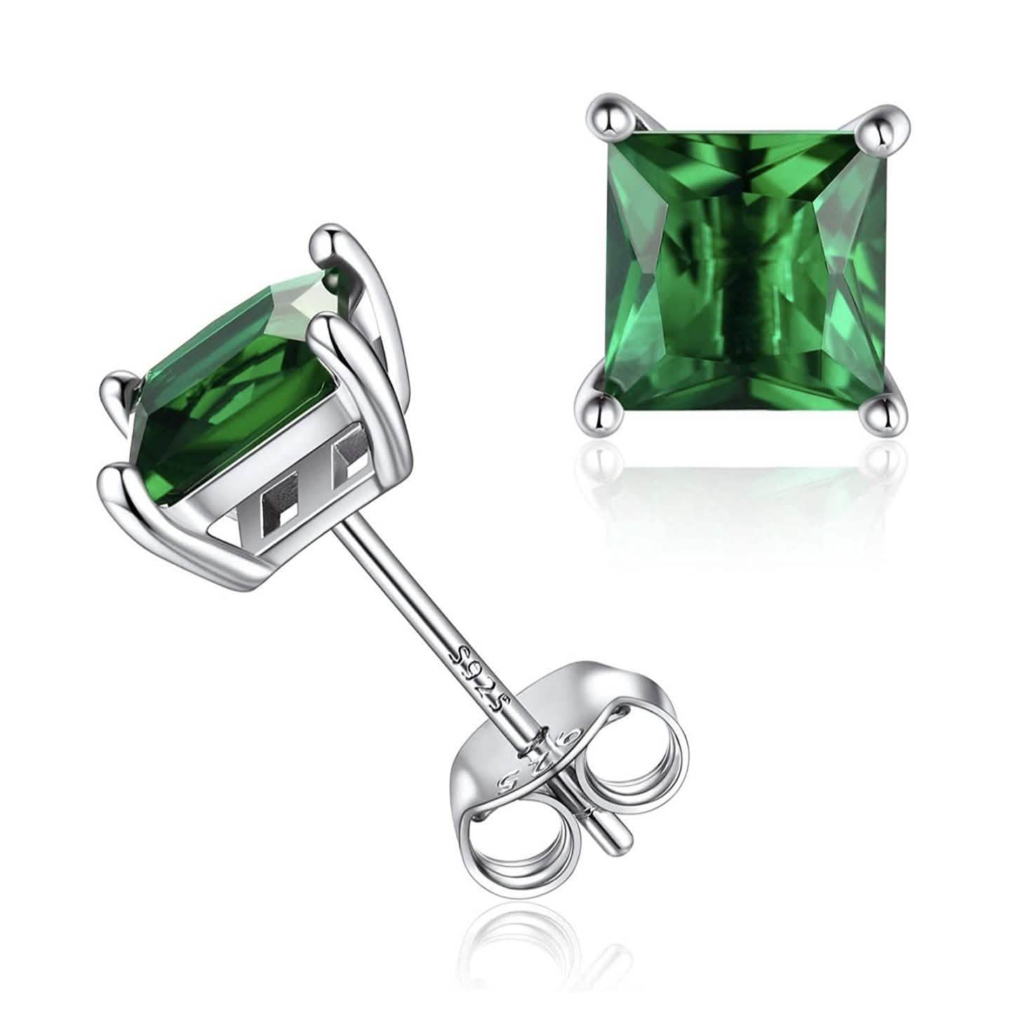Sterling Silver 925 Princess Cut Emerald Studs Earrings - DailySale