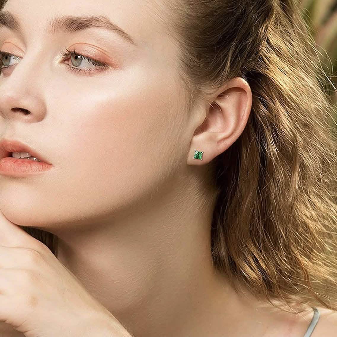 Sterling Silver 925 Princess Cut Emerald Studs Earrings - DailySale