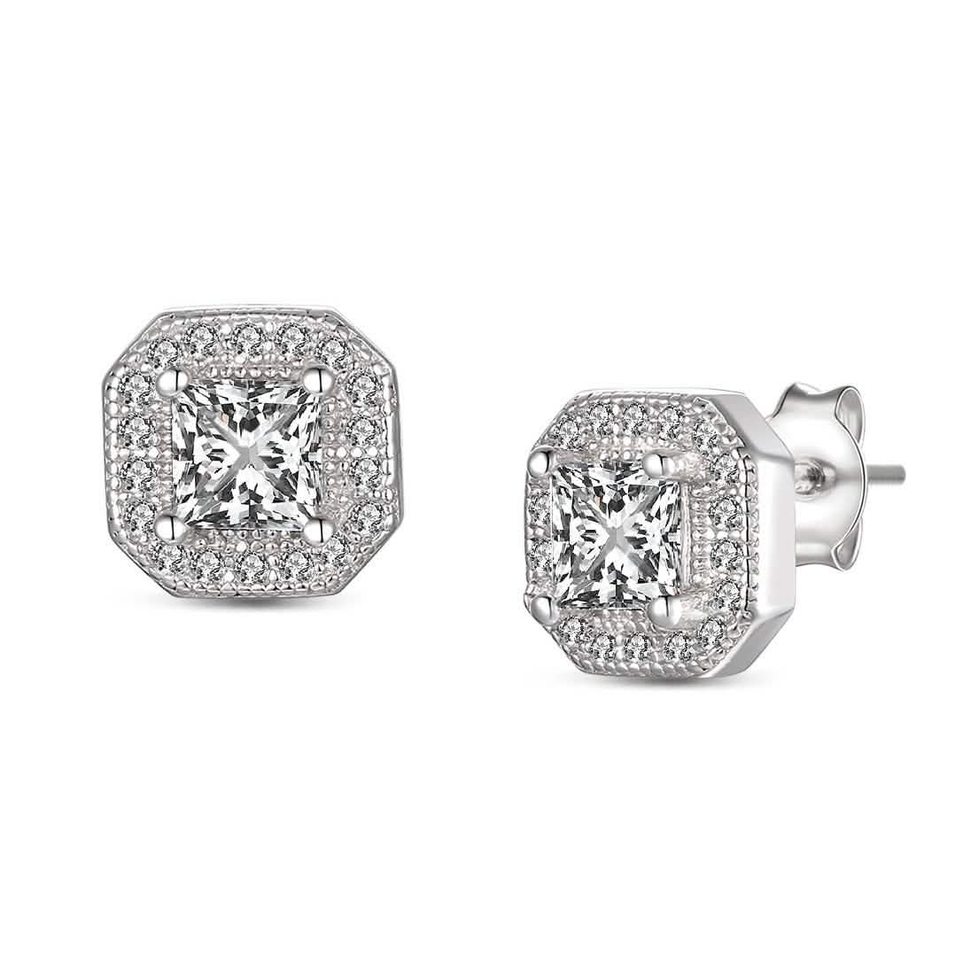 Sterling Silver CZ Square Stud Earrings Earrings - DailySale