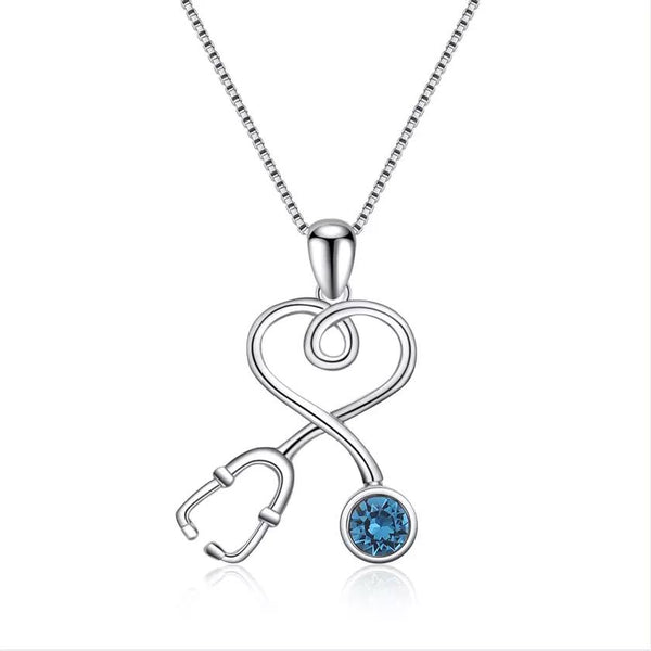 Sterling Silver Stethoscope Heart Pendant Necklace With Swarovski Crystals Necklaces Blue - DailySale