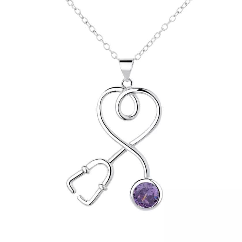 Sterling Silver Stethoscope Heart Pendant Necklace With Swarovski Crystals Necklaces Purple - DailySale