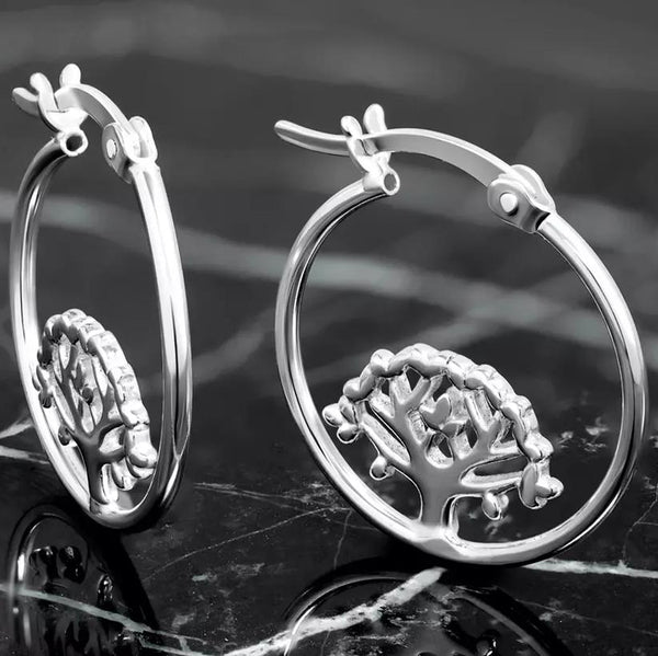 Sterling Silver Tree Of Life Hoop Earrings Earrings - DailySale