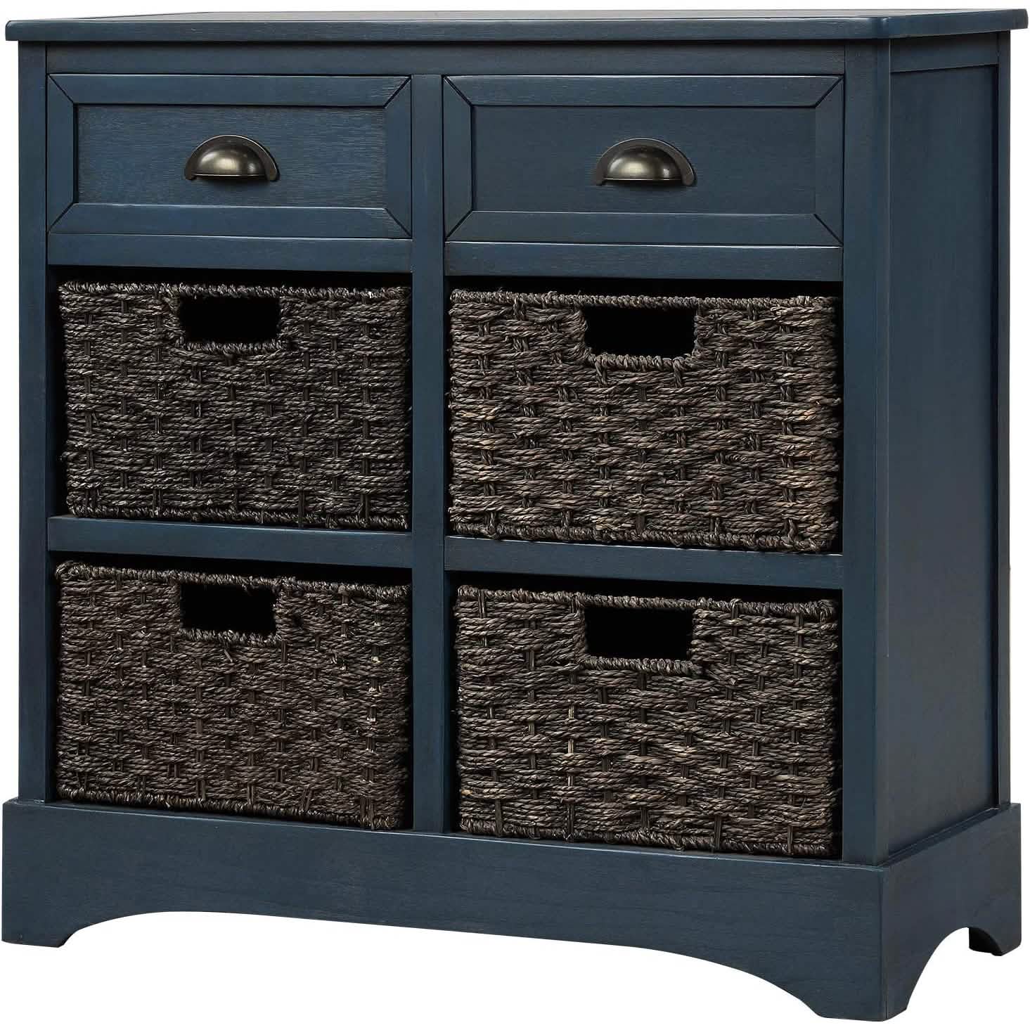 Storage Cabinet with 2 Drawers and 4 Rattan Baskets Furniture & Decor Antique Navy - DailySale