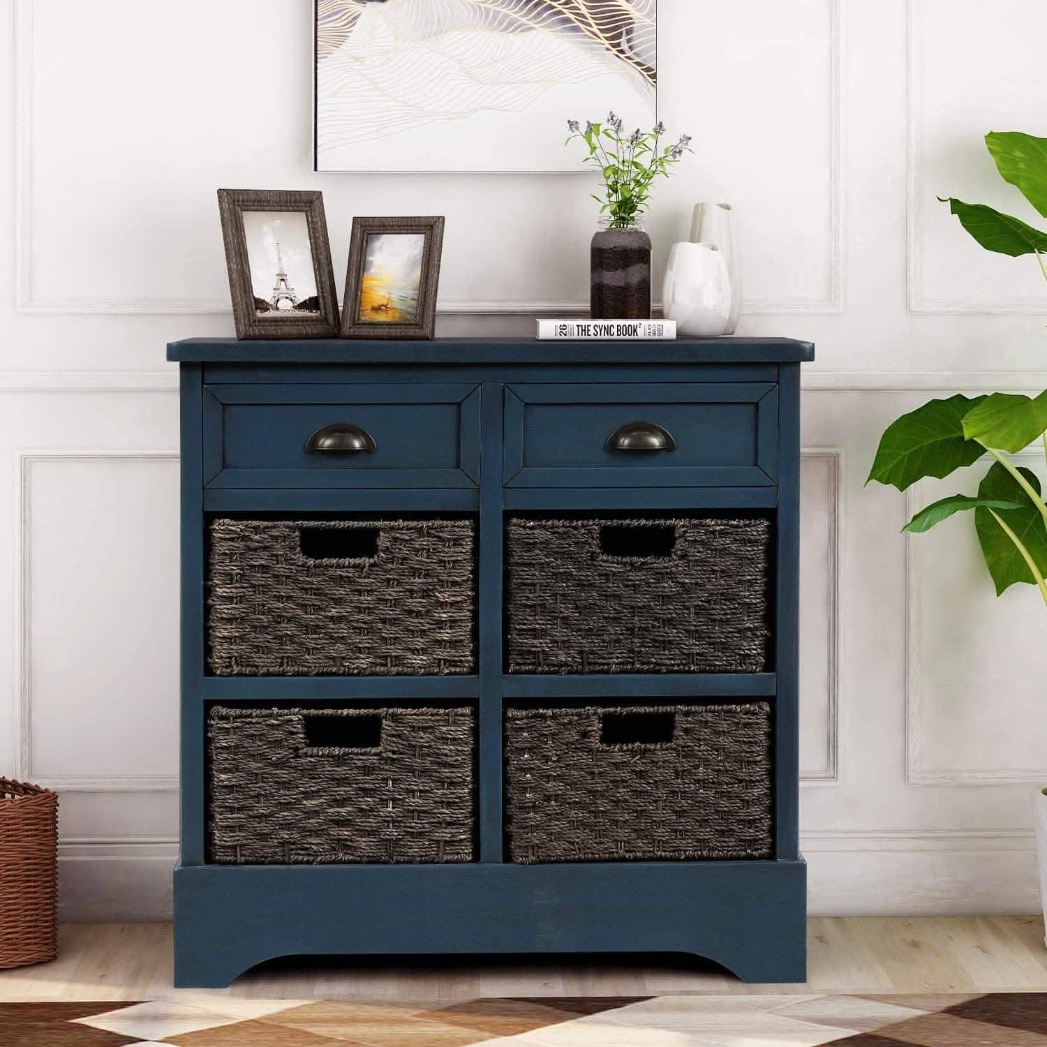 Storage Cabinet with 2 Drawers and 4 Rattan Baskets Furniture & Decor - DailySale