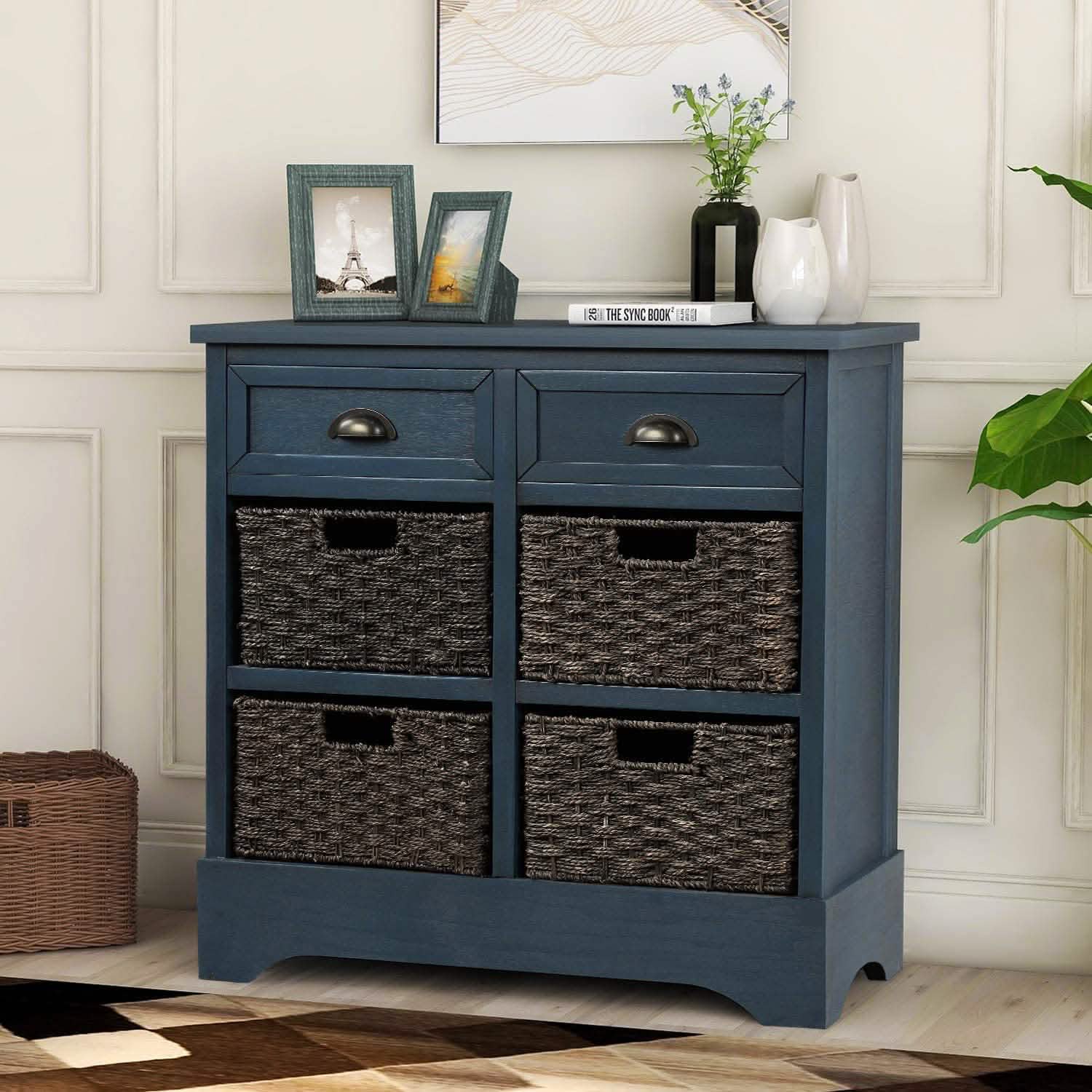 Storage Cabinet with 2 Drawers and 4 Rattan Baskets Furniture & Decor - DailySale
