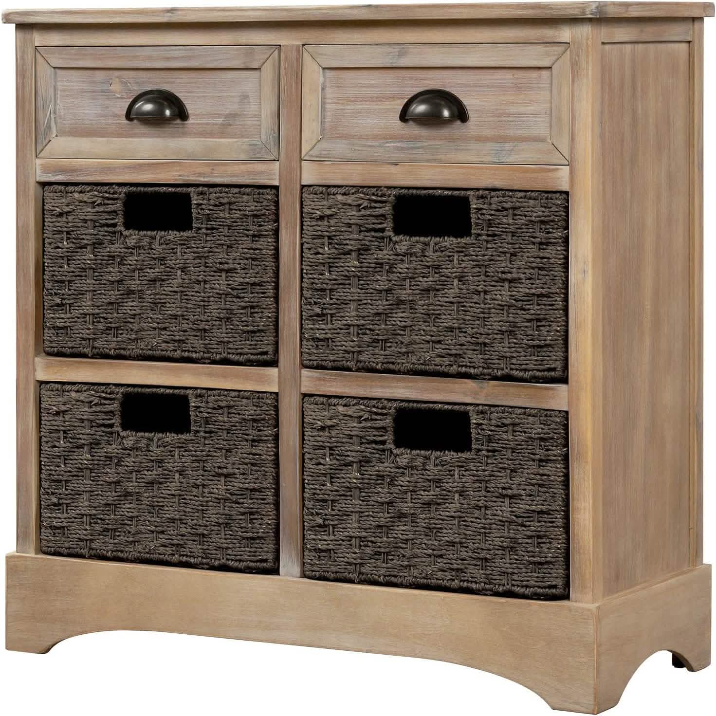 Storage Cabinet with 2 Drawers and 4 Rattan Baskets Furniture & Decor White Washed - DailySale