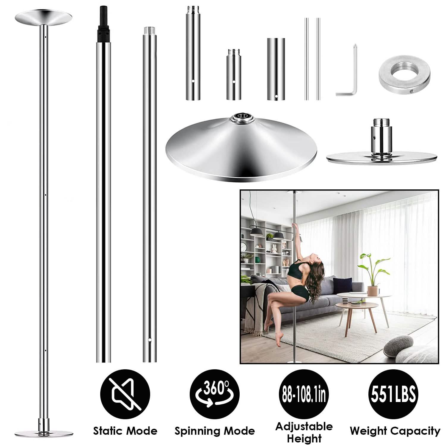 Components of the Stripper Dance Pole (45mm Spinning Static Dancing Pole) with an inset showing a woman climbing the pole