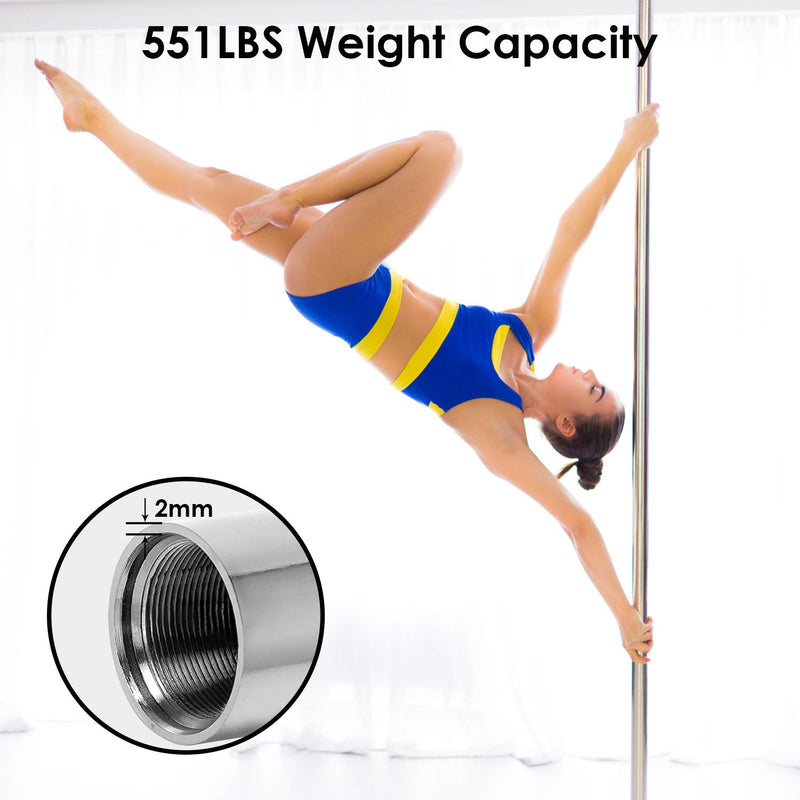 Woman with blue and yellow outfit balancing on the Stripper Dance Pole (45mm Spinning Static Dancing Pole) with the title "551lbs Weight Capacity" and an inset showing pole's thickess of 2mm