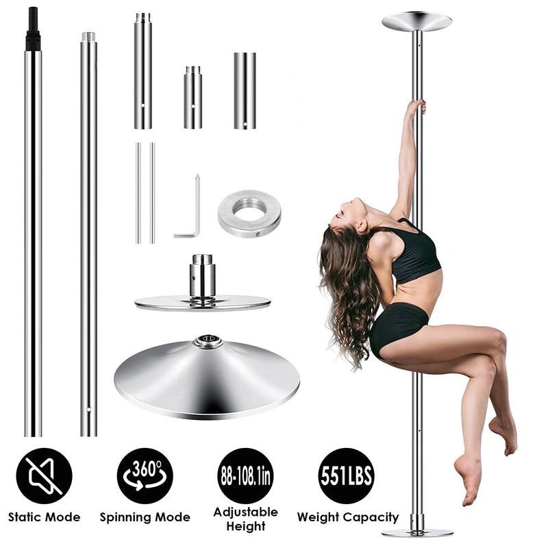 Components of the Stripper Dance Pole (45mm Spinning Static Dancing Pole) with an inset showing a woman climbing the pole from a different angle