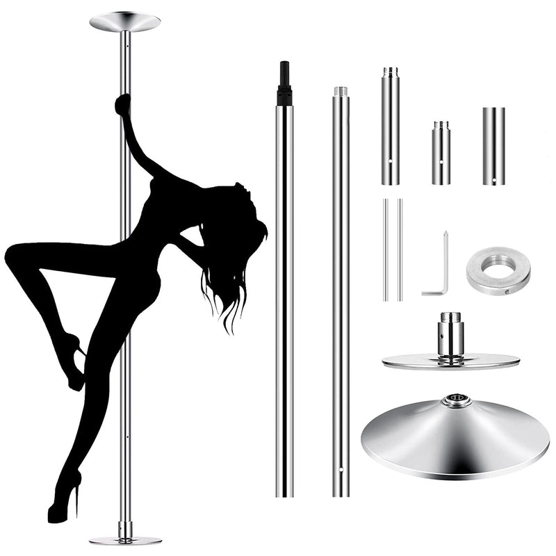 Components of the Stripper Dance Pole (45mm Spinning Static Dancing Pole) with the black sillouette of a dancer