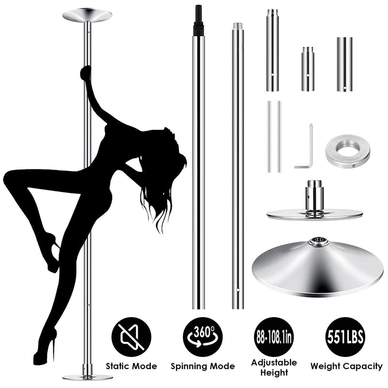 Second image shpwing components of the Stripper Dance Pole (45mm Spinning Static Dancing Pole) with an inset showing a woman climbing the pole