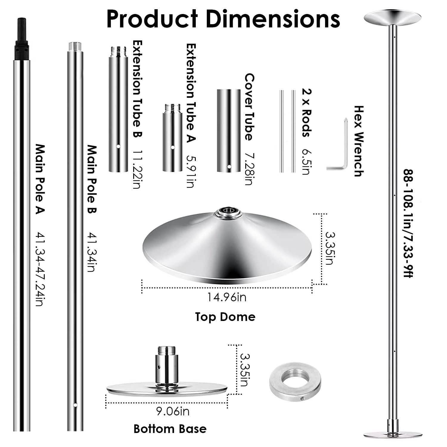 Dimensions of each component of the Stripper Dance Pole (45mm Spinning Static Dancing Pole)