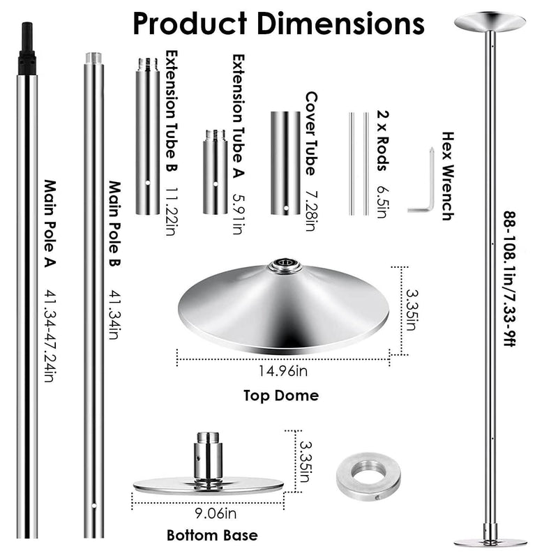 Dimensions of each component of the Stripper Dance Pole (45mm Spinning Static Dancing Pole)