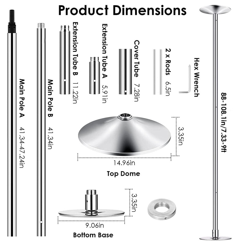 Dimensions of each component of the Stripper Dance Pole (45mm Spinning Static Dancing Pole) 