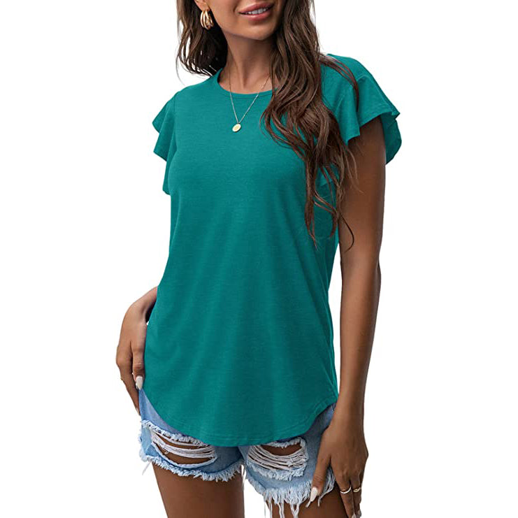 Summer Knit Ruffle Short Sleeve Top Women's Tops Blue Green S - DailySale