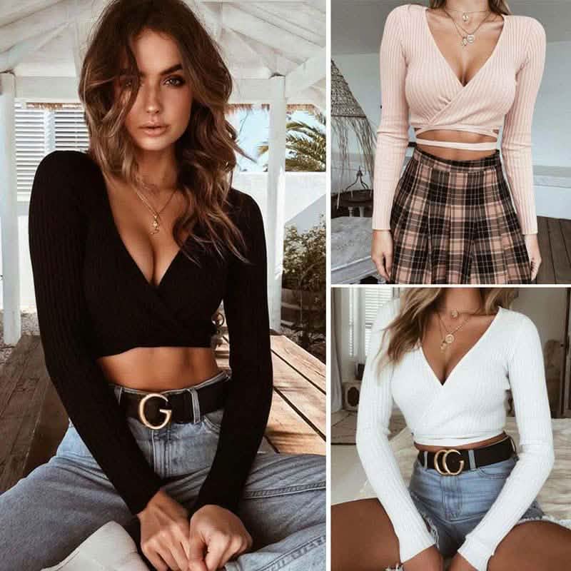 Summer Women Slim Long Sleeve Tee Cross V-neck Sexy Crop Top Women's Clothing - DailySale