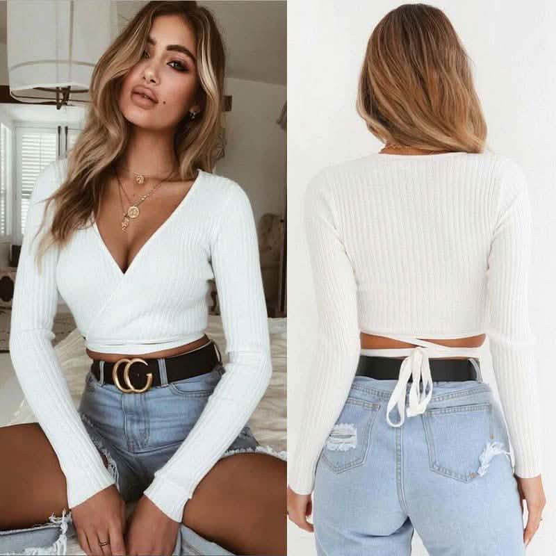 Summer Women Slim Long Sleeve Tee Cross V-neck Sexy Crop Top Women's Clothing White S - DailySale