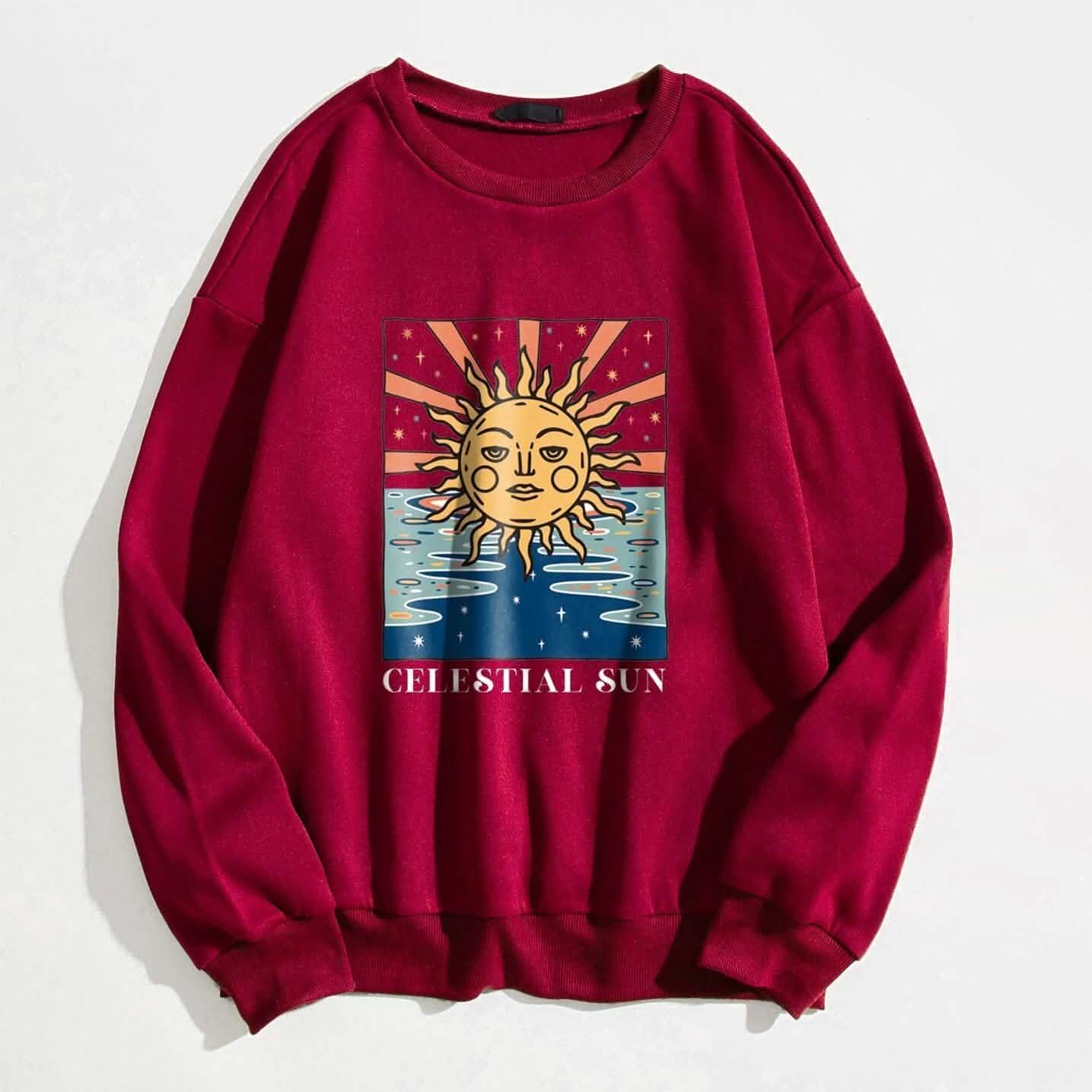 Sun and Letter Graphic Oversized Thermal Sweatshirt Women's Clothing Burgundy S - DailySale