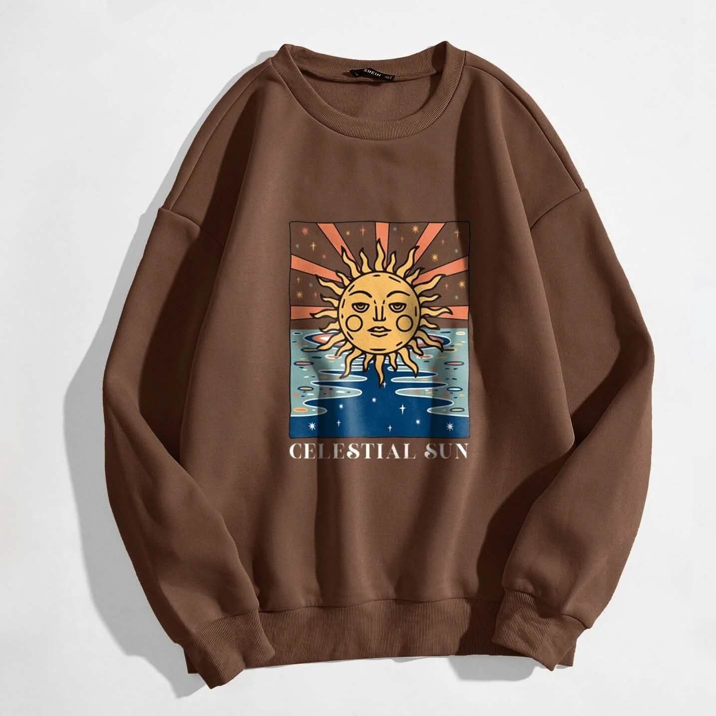 Sun and Letter Graphic Oversized Thermal Sweatshirt Women's Clothing Coffee Brown S - DailySale