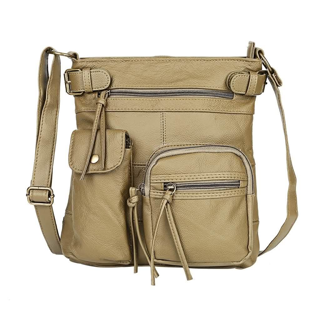 Super Soft Genuine Leather Top Belt Accent Crossbody Bag - Assorted Color Handbags & Wallets Pewter - DailySale