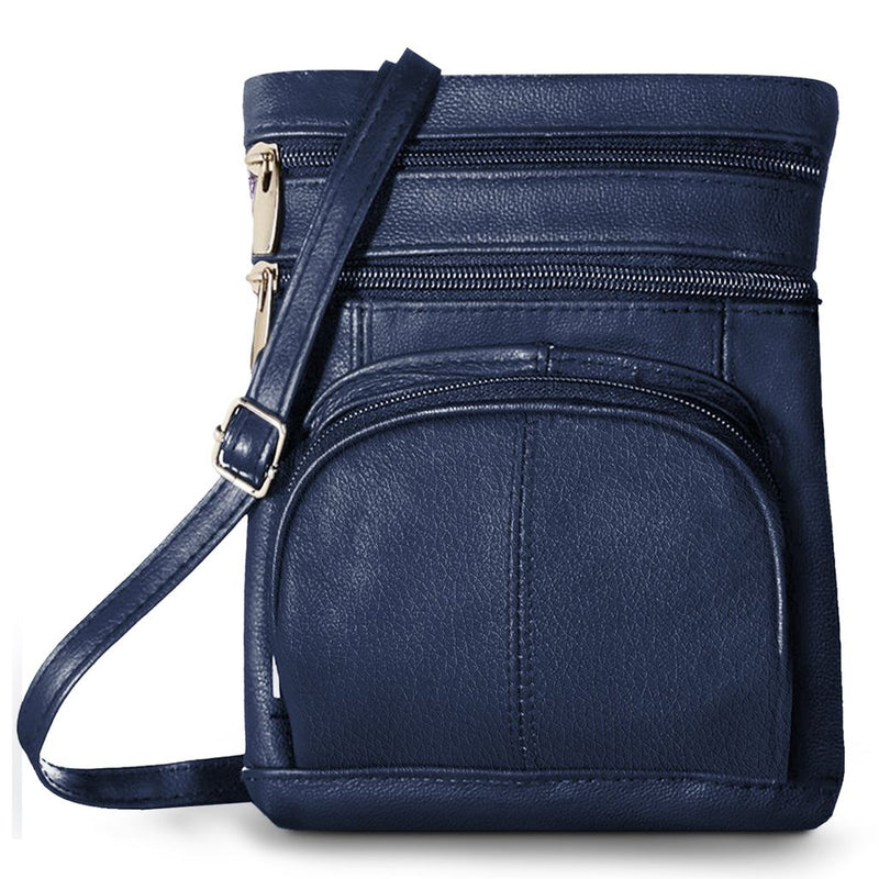 Navy Super Soft Leather-Crossbody Bag over a white background