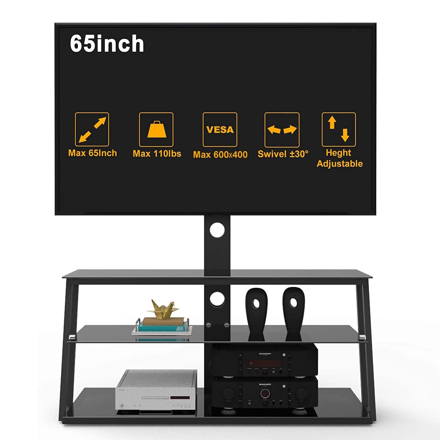 Swivel Floor TV Stand with Angle and Height Adjustable Tempered Glass TV Stand Furniture & Decor - DailySale