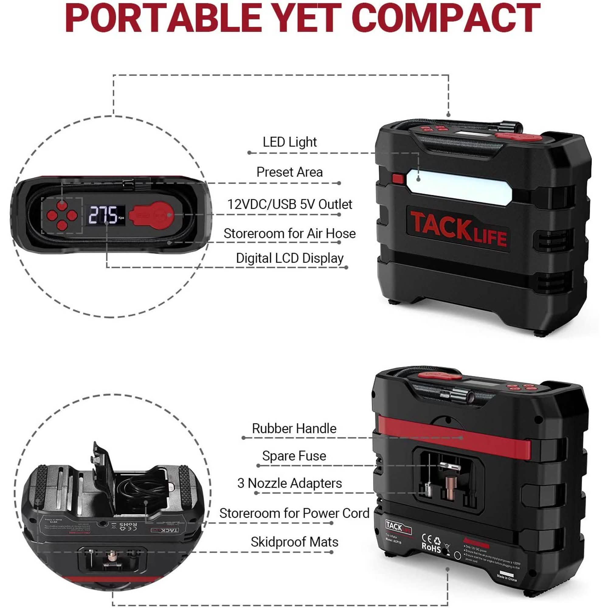 TACKLIFE Car Tire Inflator 12V DC Portable Air Compressor with 3 LED Lights Automotive - DailySale