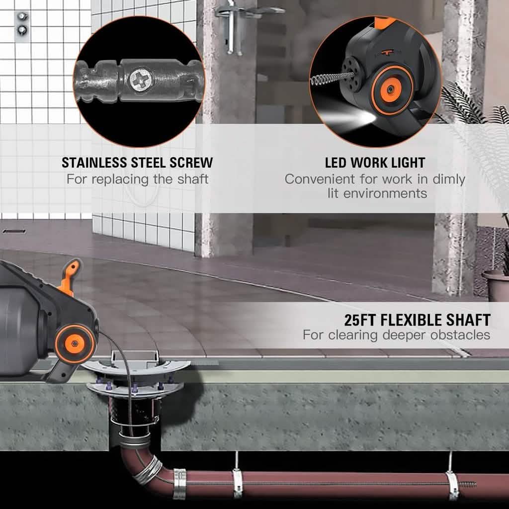 TACKLIFE Drain Snake 25Ft Automatic Cordless Drain Clog Remover Household Appliances - DailySale